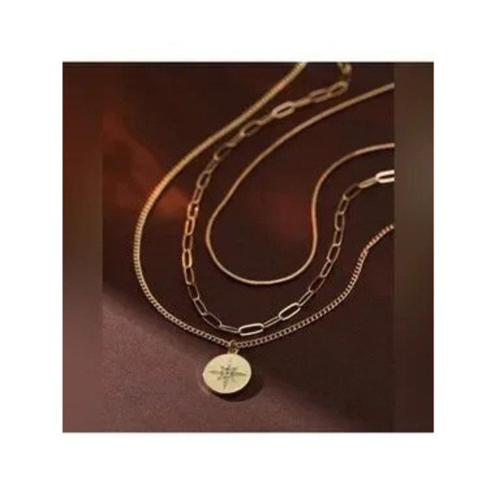 Gold Plated Stainless Steel 3pc Disc Pendant Chain Necklace - Picture 2 of 3